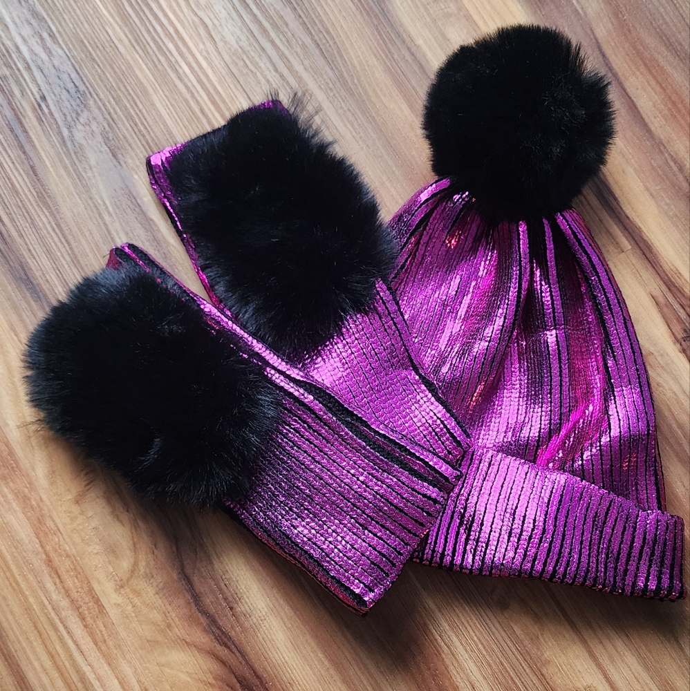 Pink Metallic hat and wrist warmer set